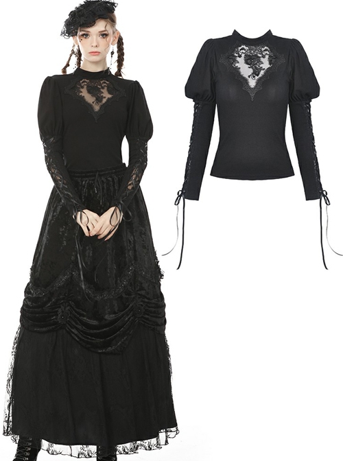 Gothic Sexy Black Hollow Out Rose Embroidery Long Sleeve T-shirt