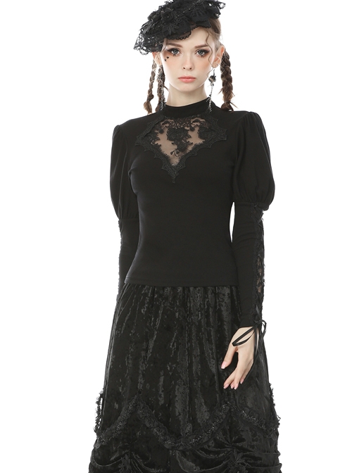 Gothic Sexy Black Hollow Out Rose Embroidery Long Sleeve T-shirt