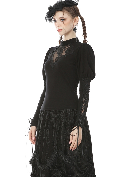 Gothic Sexy Black Hollow Out Rose Embroidery Long Sleeve T-shirt