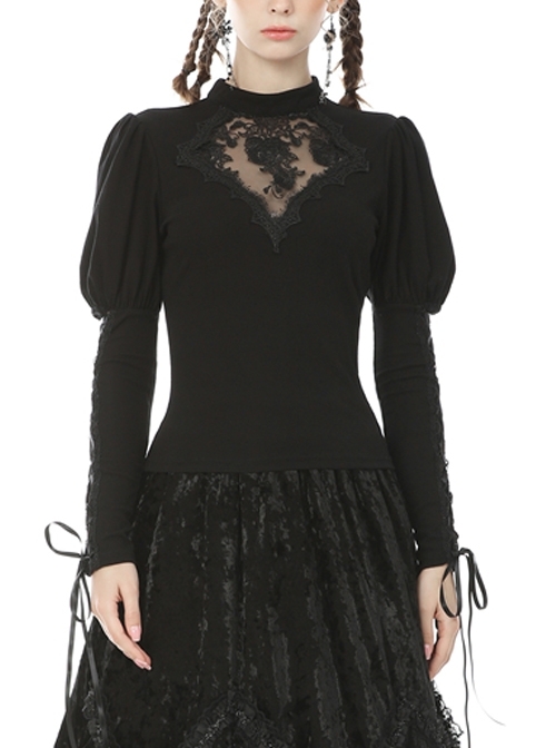 Gothic Sexy Black Hollow Out Rose Embroidery Long Sleeve T-shirt