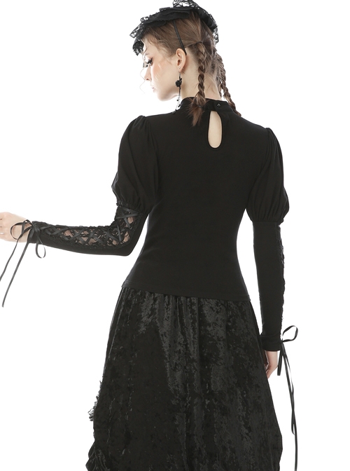 Gothic Sexy Black Hollow Out Rose Embroidery Long Sleeve T-shirt