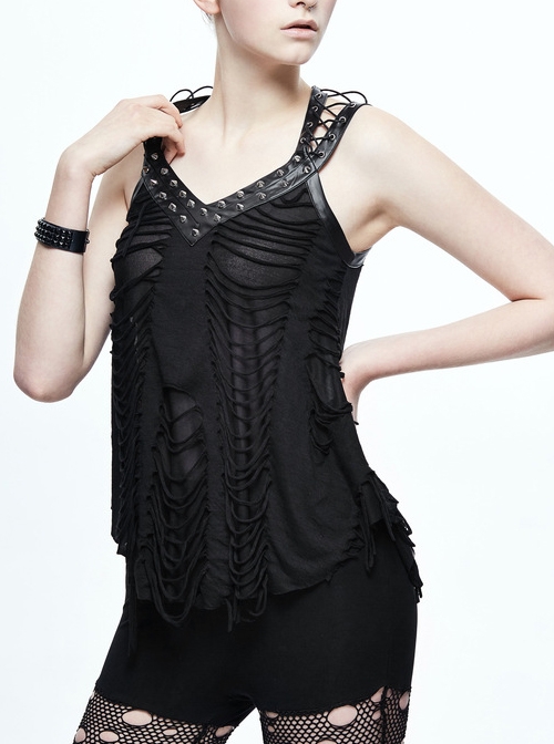 Gothic Black Rivet Lace-up Sling Backless Vest