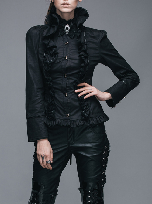 Gothic Ruffle High Collar Long Sleeve Slim Shirt