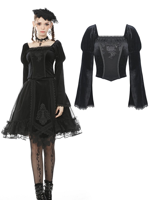 Retro Palace Gothic Embroidery Black Long Sleeve Top