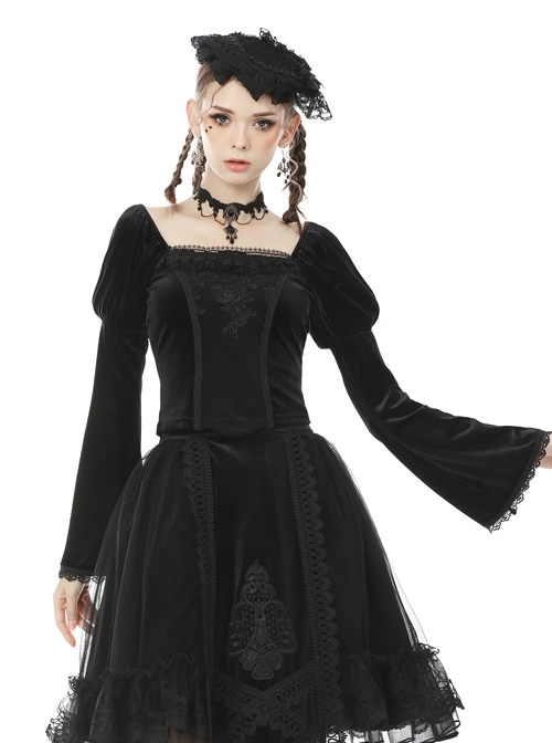 Retro Palace Gothic Embroidery Black Long Sleeve Top