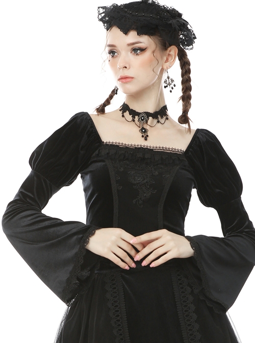 Retro Palace Gothic Embroidery Black Long Sleeve Top
