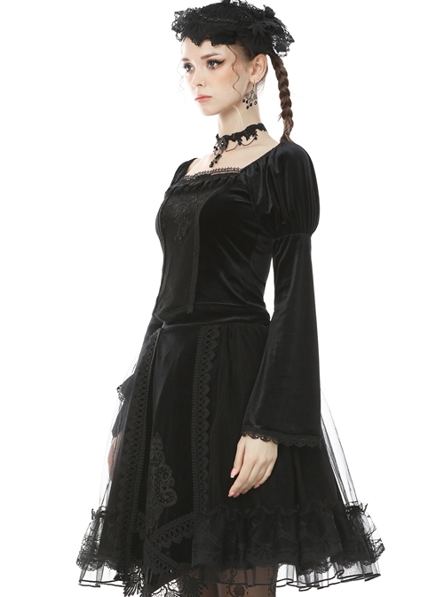 Retro Palace Gothic Embroidery Black Long Sleeve Top