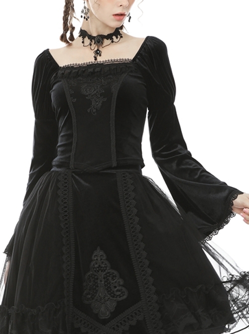 Retro Palace Gothic Embroidery Black Long Sleeve Top