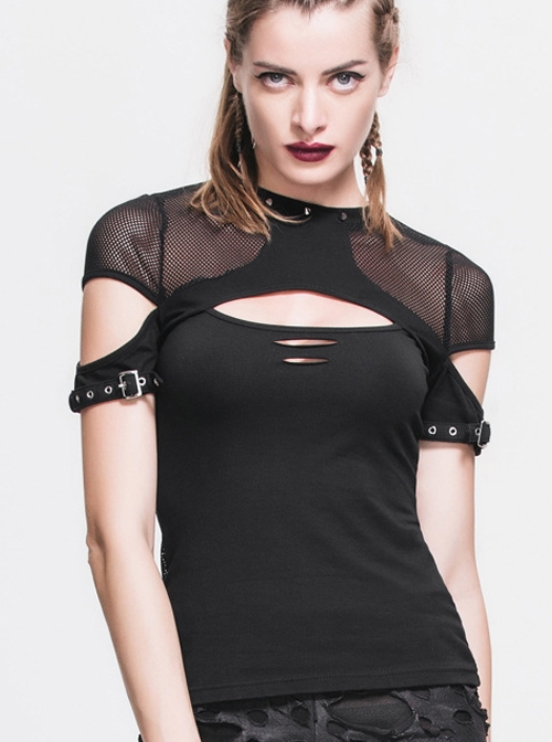 Gothic Black Short Sleeve Perspective Back Slim Vest