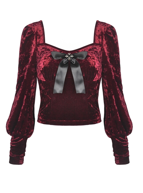 Gorgeous Wine Red Velvet Bowknot Long Sleeve Top