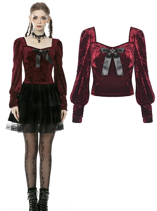 Gorgeous Wine Red Velvet Bowknot Long Sleeve Top