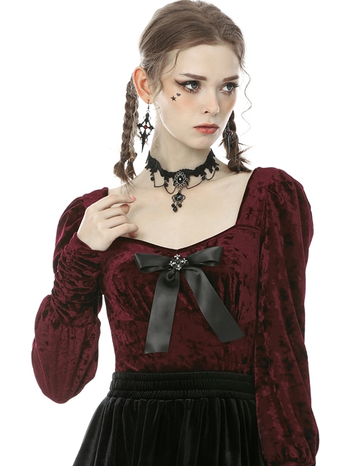 Gorgeous Wine Red Velvet Bowknot Long Sleeve Top
