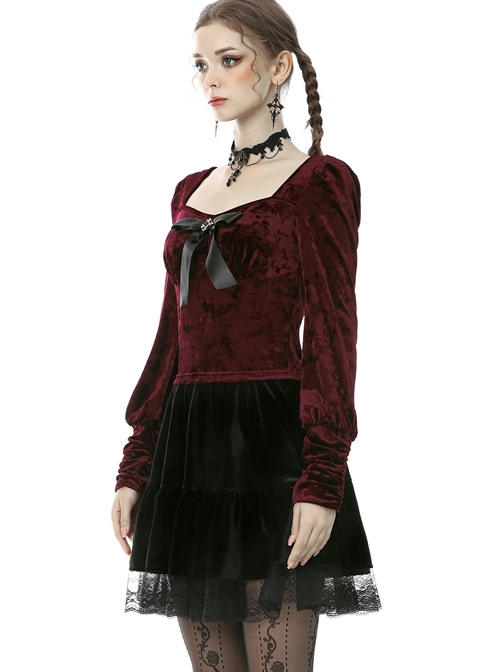 Gorgeous Wine Red Velvet Bowknot Long Sleeve Top