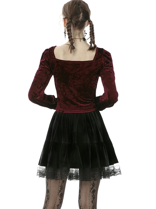 Gorgeous Wine Red Velvet Bowknot Long Sleeve Top