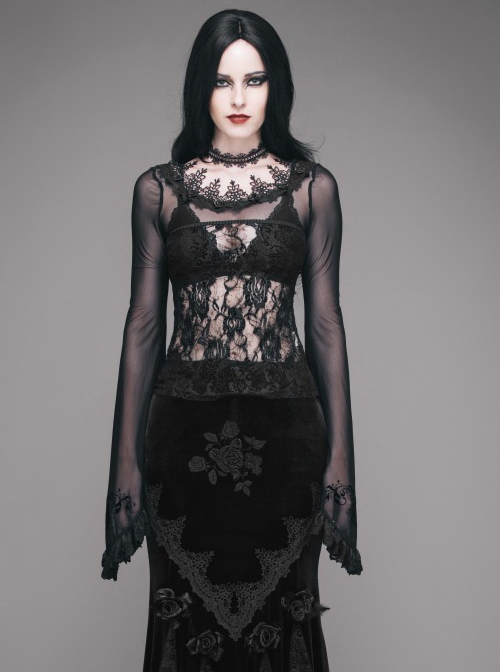 Gothic Rose Lace Round Neck Perspective Long Sleeve Women's T-shirt