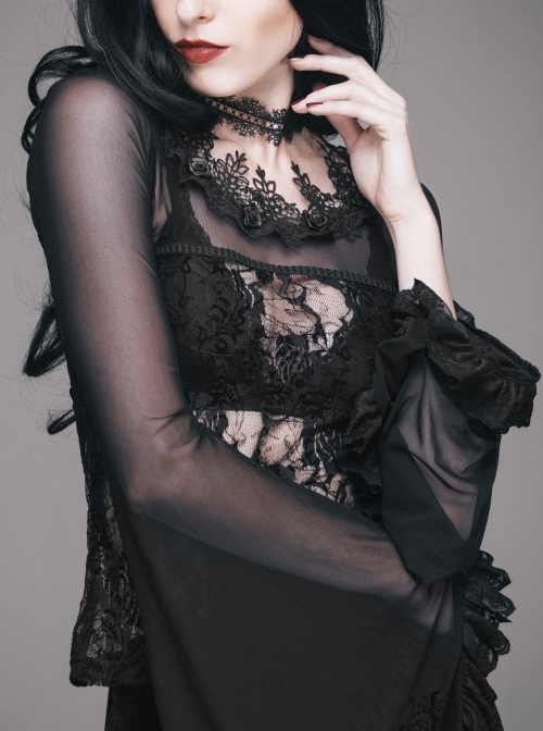 Gothic Rose Lace Round Neck Perspective Long Sleeve Women's T-shirt