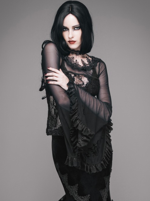 Gothic Rose Lace Round Neck Perspective Long Sleeve Women's T-shirt