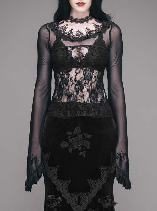 Gothic Rose Lace Round Neck Perspective Long Sleeve Women's T-shirt