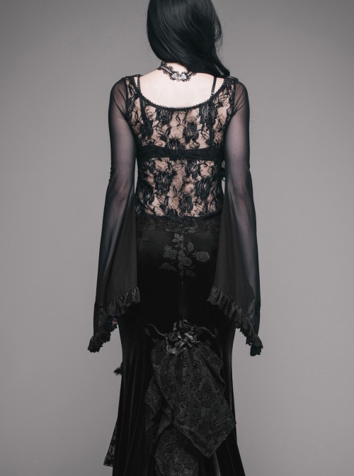 Gothic Rose Lace Round Neck Perspective Long Sleeve Women's T-shirt