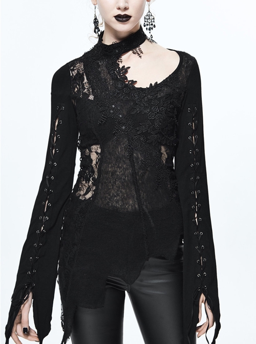 Gothic Black Lace-up Long Sleeve Embroidery Inclined Hem T-shirt