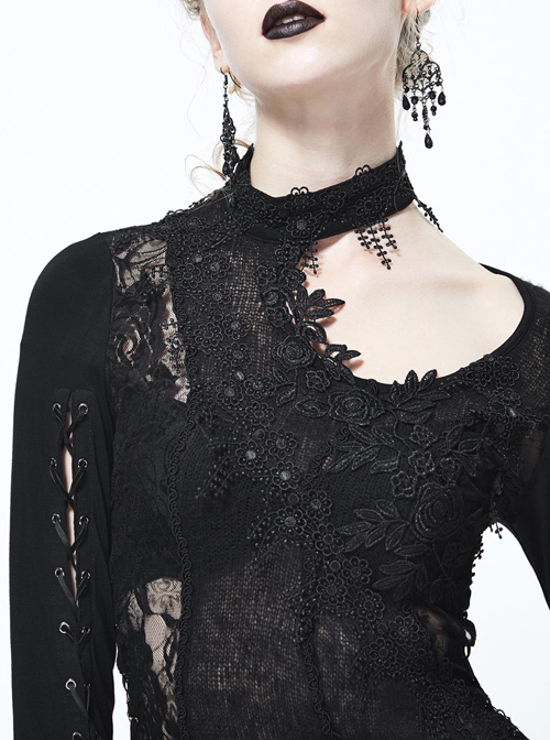 Gothic Black Lace-up Long Sleeve Embroidery Inclined Hem T-shirt