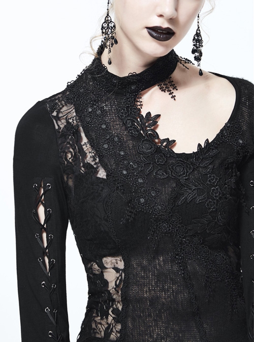 Gothic Black Lace-up Long Sleeve Embroidery Inclined Hem T-shirt