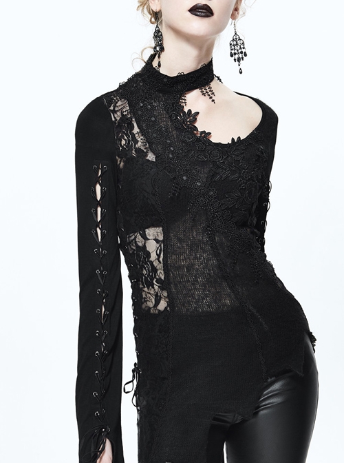 Gothic Black Lace-up Long Sleeve Embroidery Inclined Hem T-shirt