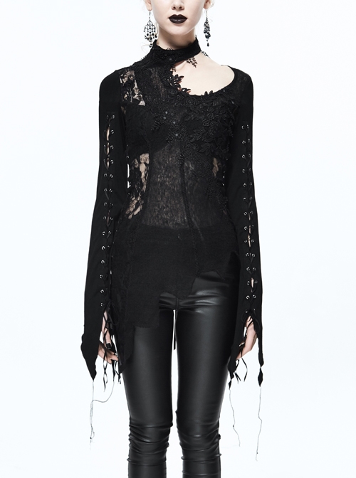 Gothic Black Lace-up Long Sleeve Embroidery Inclined Hem T-shirt