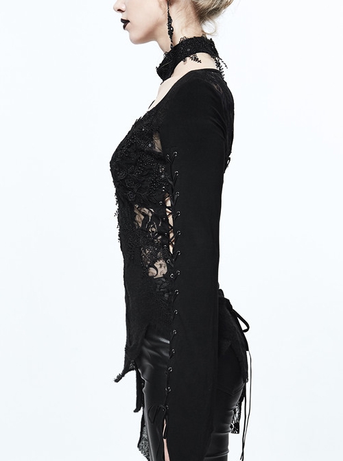 Gothic Black Lace-up Long Sleeve Embroidery Inclined Hem T-shirt