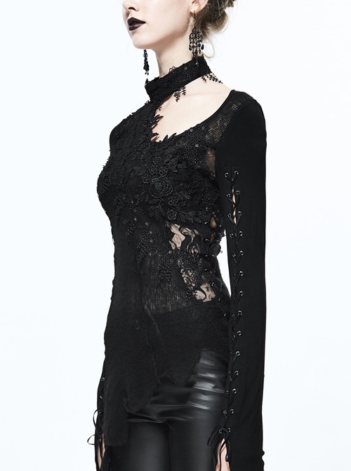 Gothic Black Lace-up Long Sleeve Embroidery Inclined Hem T-shirt