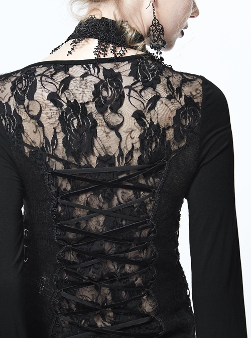 Gothic Black Lace-up Long Sleeve Embroidery Inclined Hem T-shirt