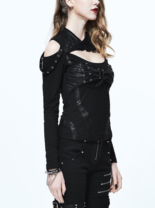 Gothic Punk Black Lace-up Individual Long Sleeve Stitching T-shirt