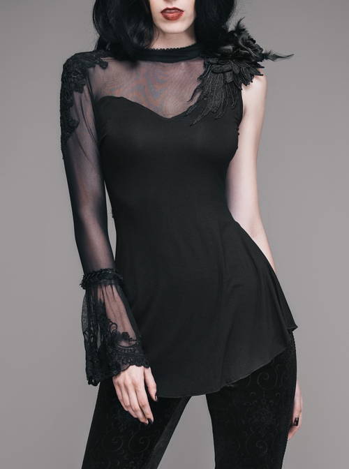 Gothic Personality Slim Black Perspective Unilateral Long Sleeve T-shirt