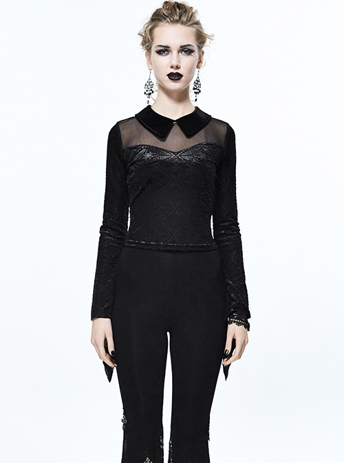 Gothic Black Lace Embroidered Lapel Mesh Yarn Long-sleeve T-shirt