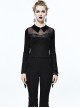 Gothic Black Lace Embroidered Lapel Mesh Yarn Long-sleeve T-shirt