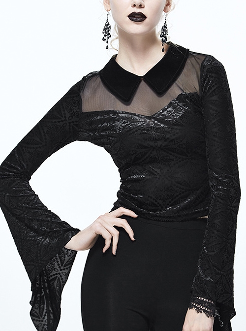 Gothic Black Lace Embroidered Lapel Mesh Yarn Long-sleeve T-shirt