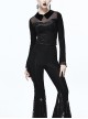Gothic Black Lace Embroidered Lapel Mesh Yarn Long-sleeve T-shirt