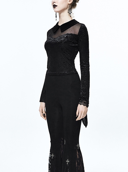 Gothic Black Lace Embroidered Lapel Mesh Yarn Long-sleeve T-shirt
