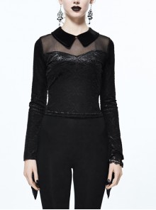 Gothic Black Lace Embroidered Lapel Mesh Yarn Long-sleeve T-shirt