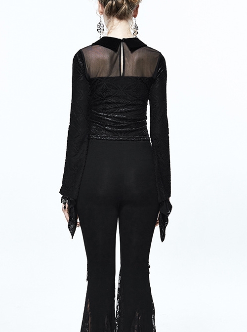 Gothic Black Lace Embroidered Lapel Mesh Yarn Long-sleeve T-shirt