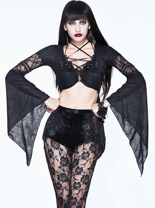 Gothic Black Perspective Mesh-yarn Long-sleeve Lace Front Short And Back Long Blouse