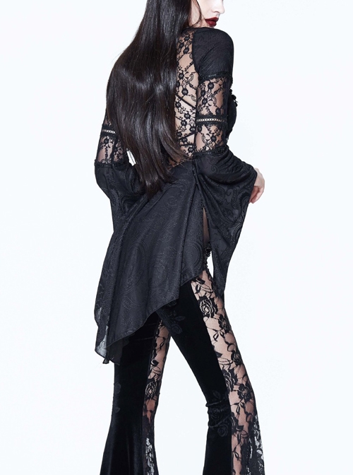 Gothic Black Perspective Mesh-yarn Long-sleeve Lace Front Short And Back Long Blouse
