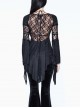 Gothic Black Perspective Mesh-yarn Long-sleeve Lace Front Short And Back Long Blouse