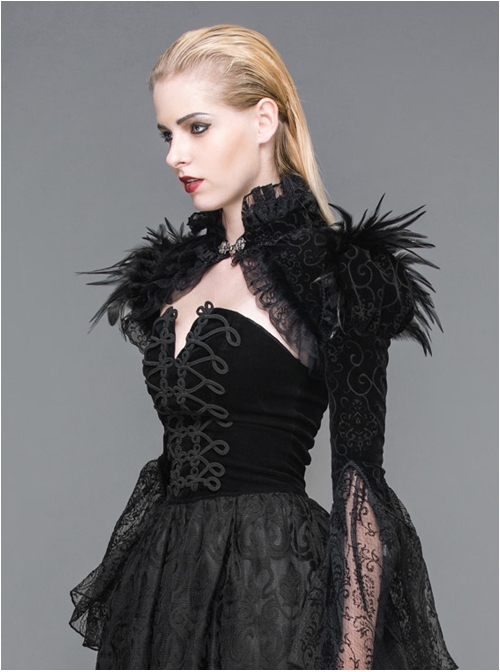 Palace Style Gothic Black Lace Feather Stand Collar Lotus Leaf Sleeve Super Short Shawl