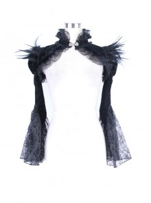 Palace Style Gothic Black Lace Feather Stand Collar Lotus Leaf Sleeve Super Short Shawl