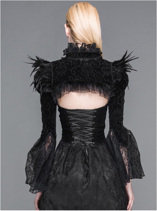 Palace Style Gothic Black Lace Feather Stand Collar Lotus Leaf Sleeve Super Short Shawl