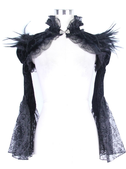 Palace Style Gothic Black Lace Feather Stand Collar Lotus Leaf Sleeve Super Short Shawl
