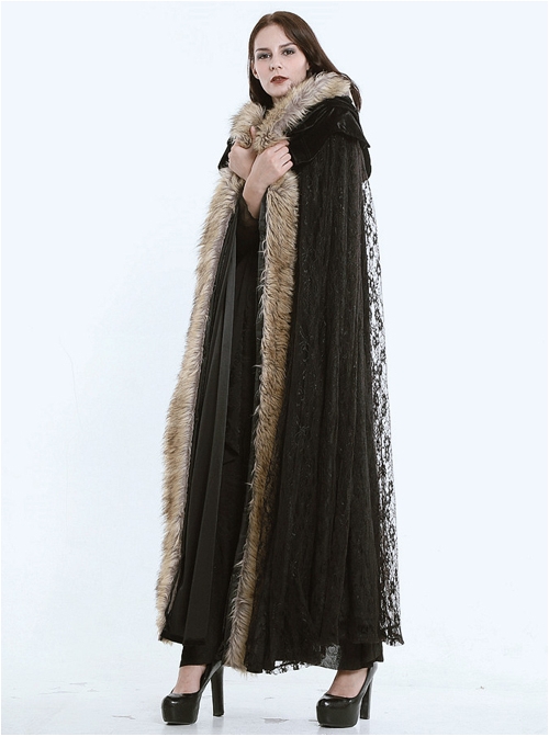 Steampunk Dark Mystical Fete Fur Collar Black Lace Gothic Women's Long Cloak