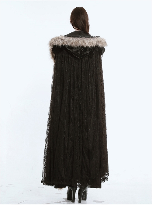 Steampunk Dark Mystical Fete Fur Collar Black Lace Gothic Women's Long ...