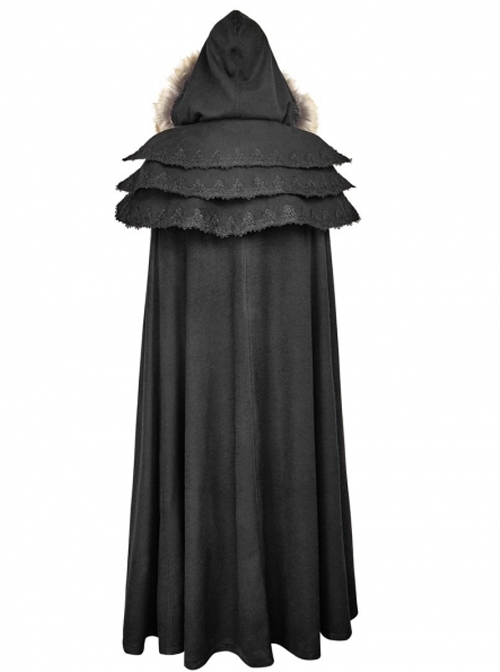 Wool Collar Black Gorgeous Gothic Long Womens Cloak - Magic Wardrobes